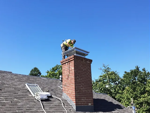 Westport Chimney Sweep technician measuring a chimney cap in Westport, CT