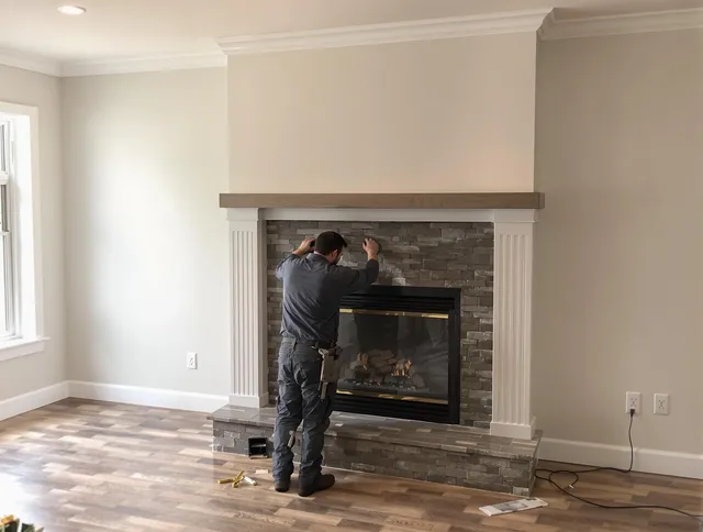 Westport Chimney Sweep finishing a custom fireplace install in Westport, CT